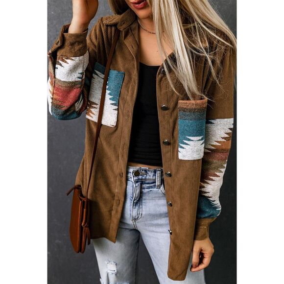 Azura Exchange  Khaki Aztec Pattern Corduroy Shacket - Picture 6 of 8